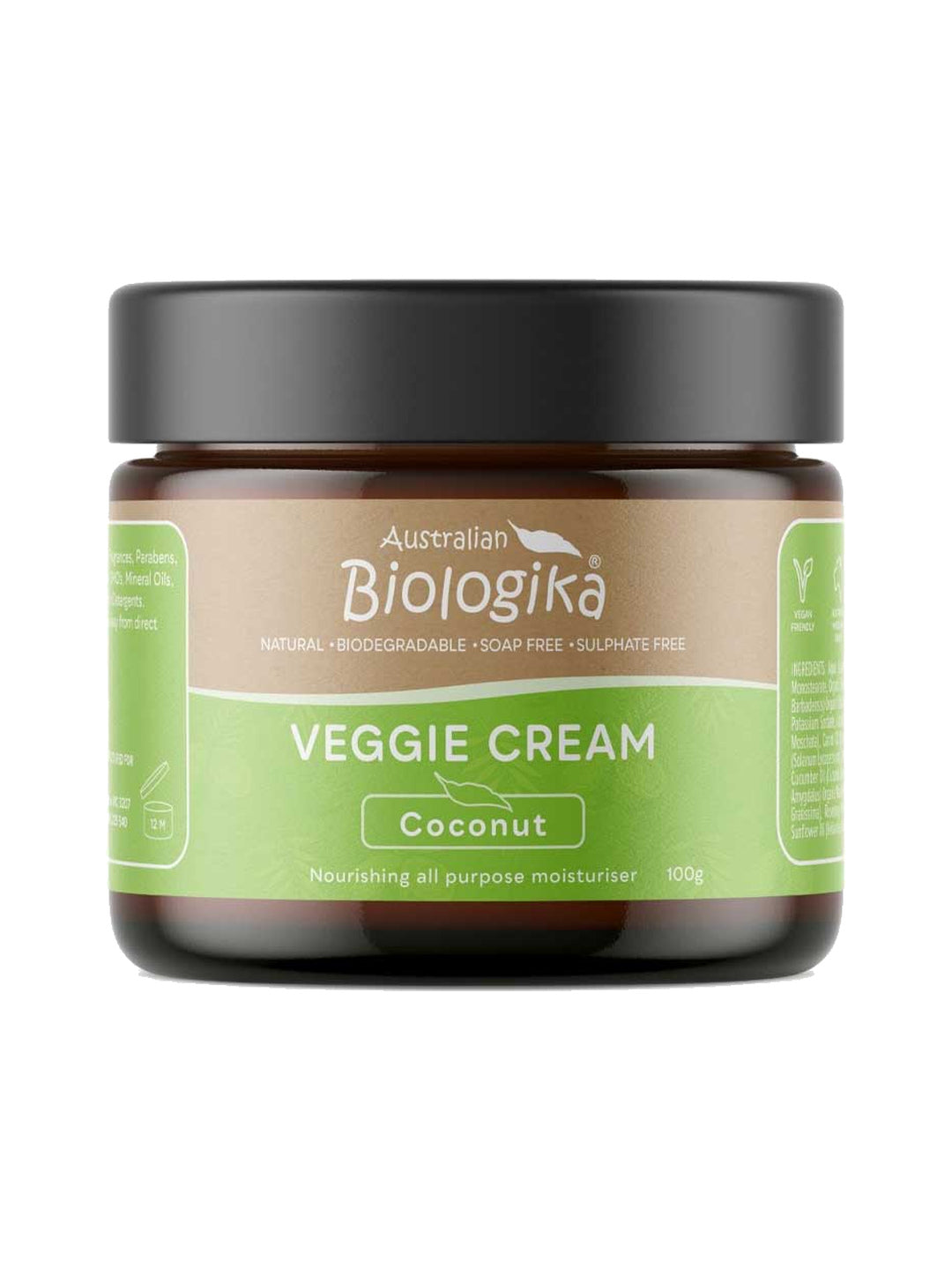 Australian Biologika Coconut Veggie Cream in a squat amber-brown jar with a wide black lid and a tan and green label with white lettering.