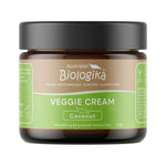 Australian Biologika Coconut Veggie Cream in a squat amber-brown jar with a wide black lid and a tan and green label with white lettering.