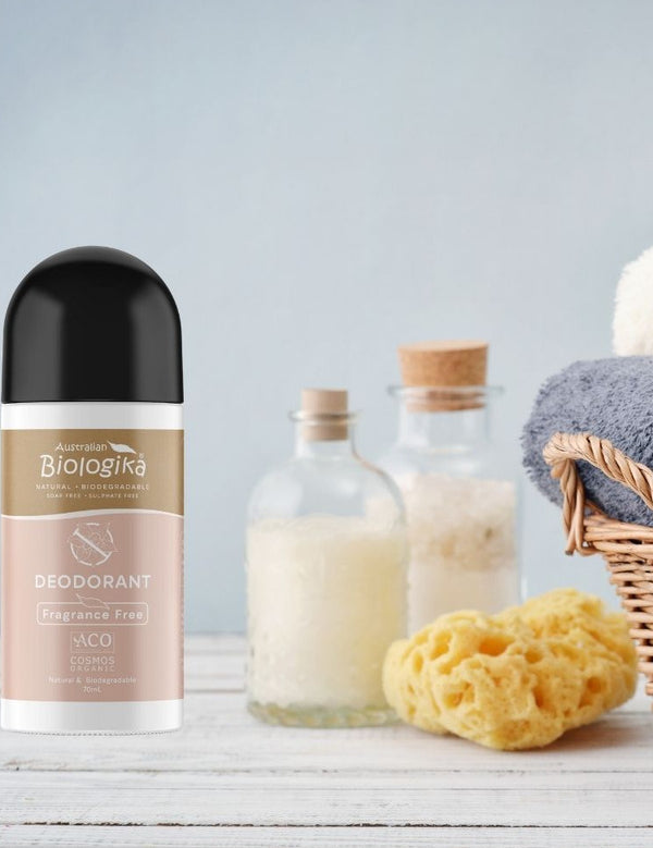 Australian Biologika Certified Organic Roll On Deodorant - Fragrance Free 70ml — fragrance-free deodorant in a bathroom setting