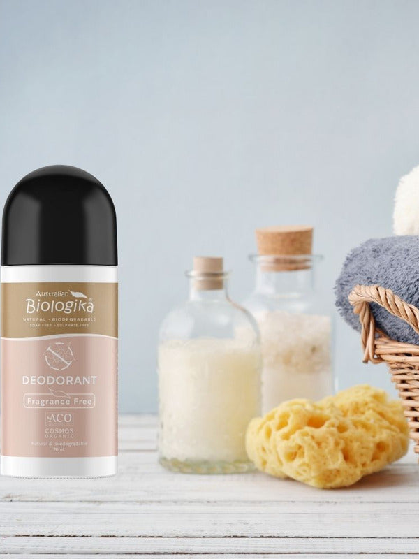 Australian Biologika Certified Organic Roll On Deodorant - Fragrance Free 70ml — fragrance-free deodorant in a bathroom setting