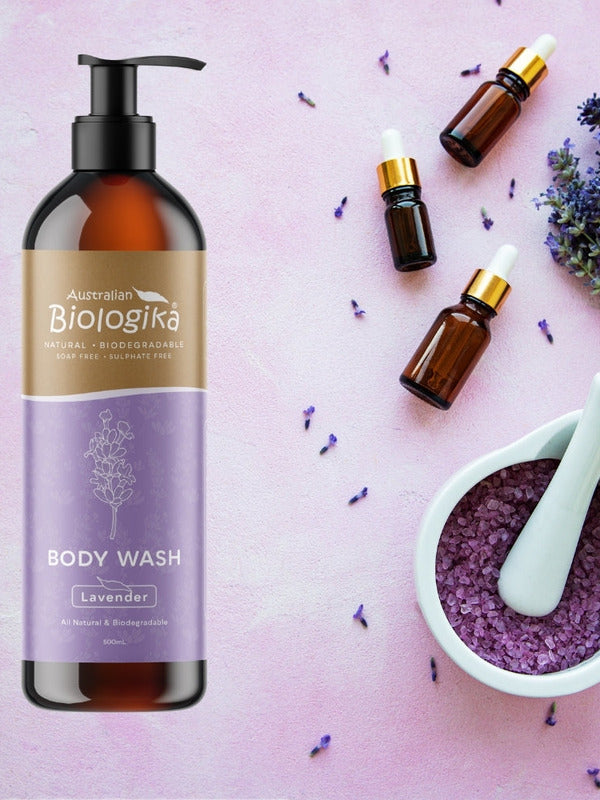 Australian Biologika Body Wash Lavender 500ml — lavender body wash styled with lavender