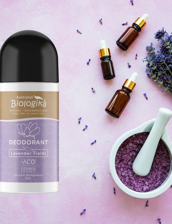Australian Biologika Certified Organic Roll On Deodorant - Lavender Fields 70ml — lavender deodorant styled with lavender