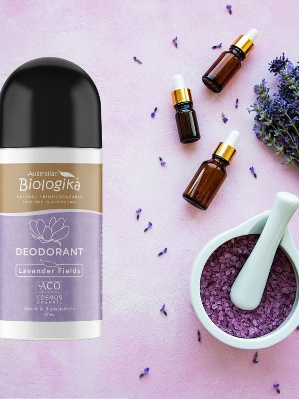 Australian Biologika Certified Organic Roll On Deodorant - Lavender Fields 70ml — lavender deodorant styled with lavender