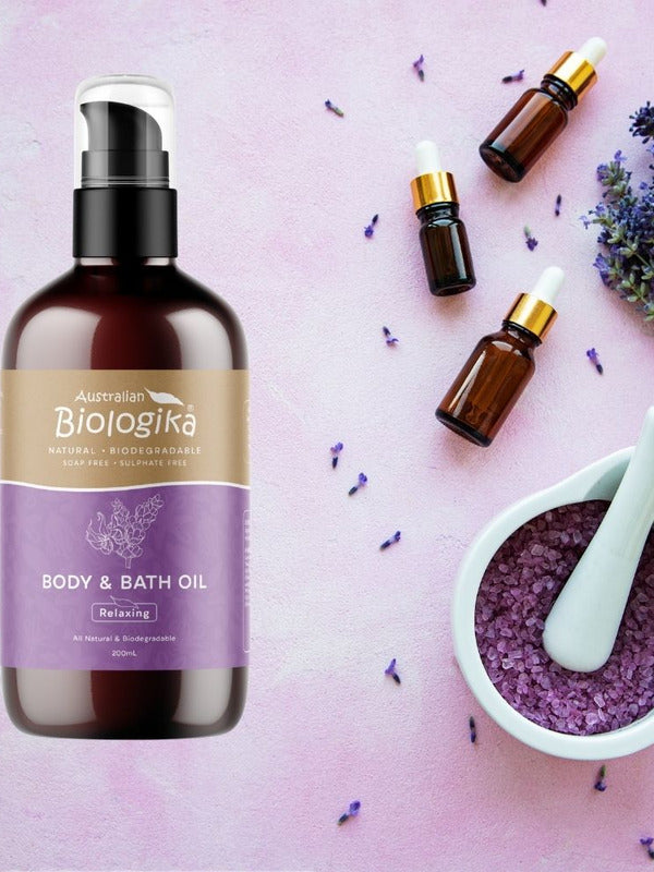 Australian Biologika Relaxing Body and Bath Oil 200ml — relaxing body and bath oil styled with lavender