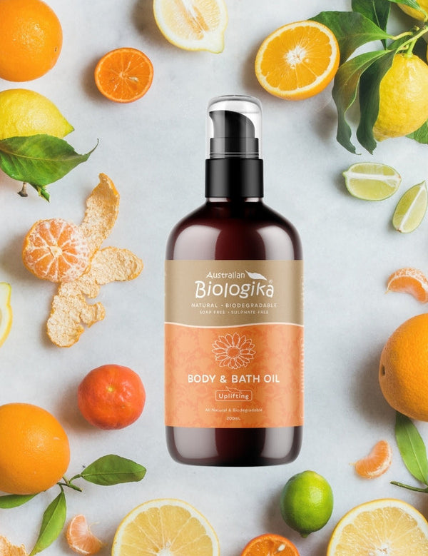 Australian Biologika Uplifting Body and Bath Oil 200ml — uplifting body and bath oil styled with citrus