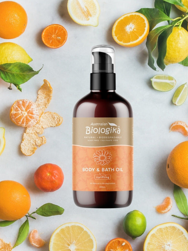 Australian Biologika Uplifting Body and Bath Oil 200ml — uplifting body and bath oil styled with citrus