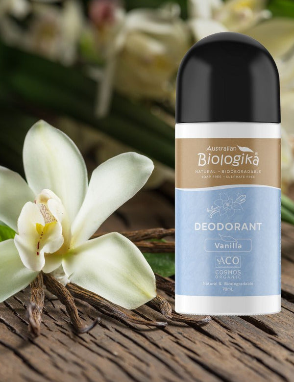 Australian Biologika Certified Organic Roll On Deodorant - Vanilla Kiss 70ml — vanilla deodorant styled with vanilla flowers