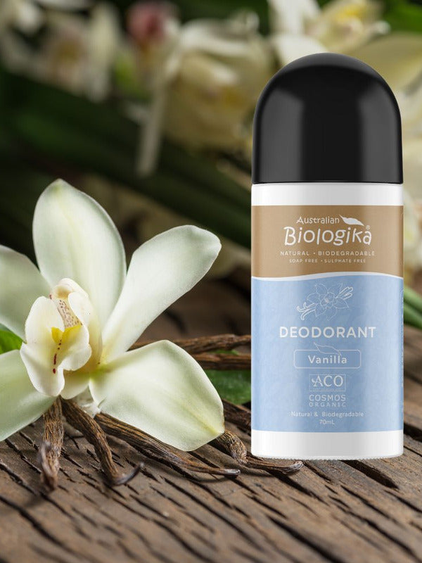 Australian Biologika Certified Organic Roll On Deodorant - Vanilla Kiss 70ml — vanilla deodorant styled with vanilla flowers