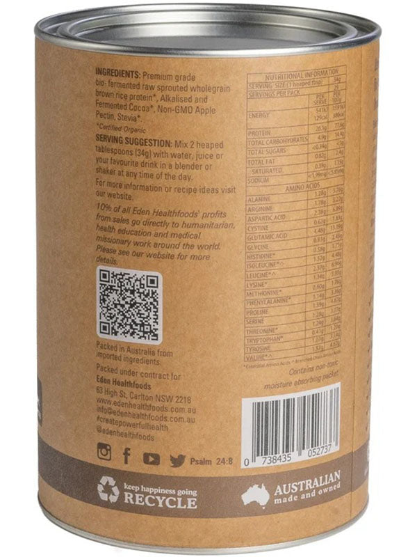 Back of the Eden Healthfoods Ultimate Protein Natural tin showing ingredients and serving suggestion