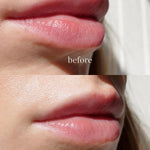 Before and after close-up of lips showing the hydrating effect of Ere Perez Cranberry Lip and Eye Mask