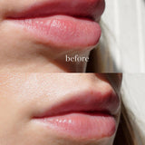 Before and after close-up of lips showing the hydrating effect of Ere Perez Cranberry Lip and Eye Mask