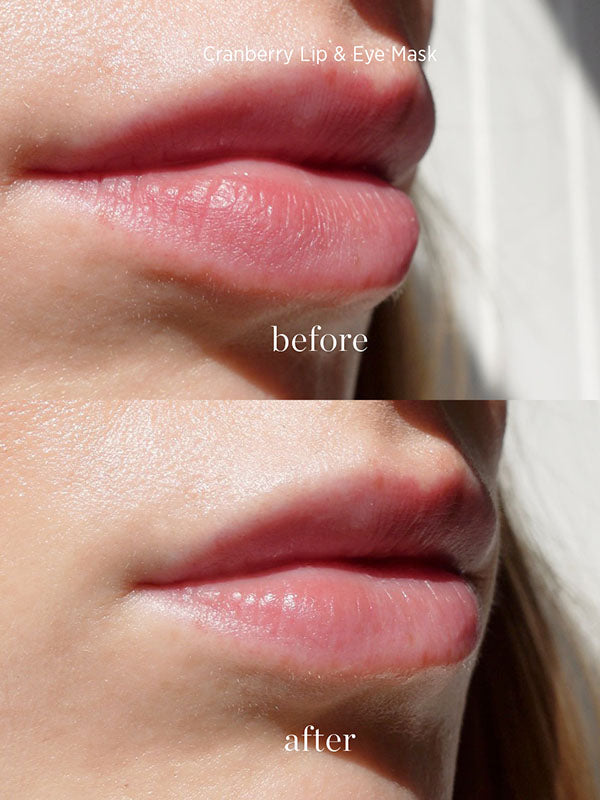 Before and after close-up of lips showing the hydrating effect of Ere Perez Cranberry Lip and Eye Mask