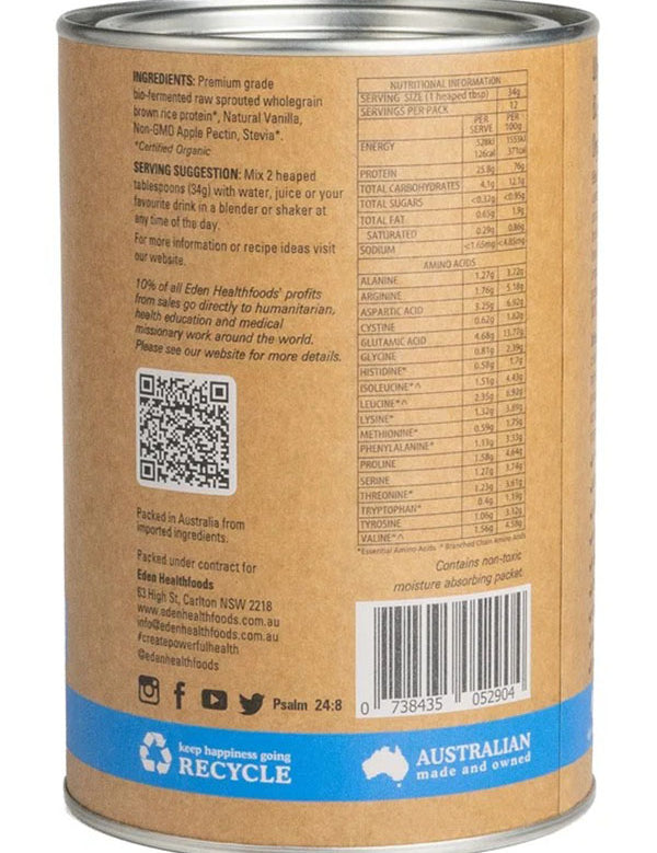 Back of the Eden Healthfoods Ultimate Protein Vanilla tin showing ingredients including natural vanilla and stevia