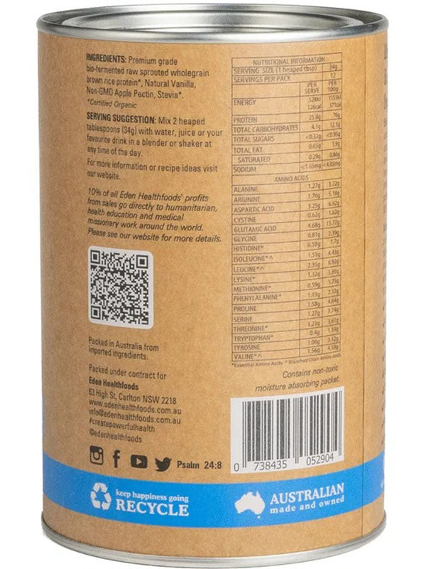 Back of the Eden Healthfoods Ultimate Protein Vanilla tin showing ingredients including natural vanilla and stevia