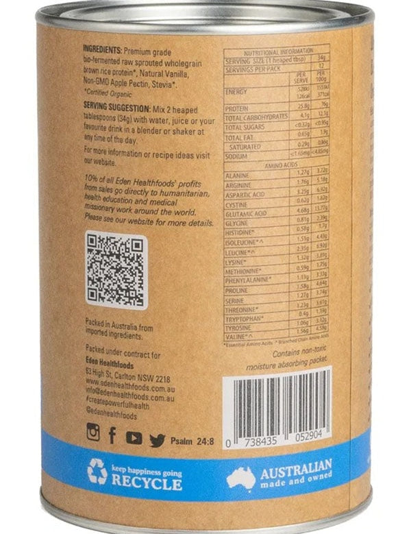 Back of the Eden Healthfoods Ultimate Protein Vanilla tin showing ingredients including natural vanilla and stevia