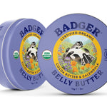 Two Badger Belly Butter tins shown upright and open against a white background.