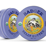 Two Badger Belly Butter tins shown upright and open against a white background.