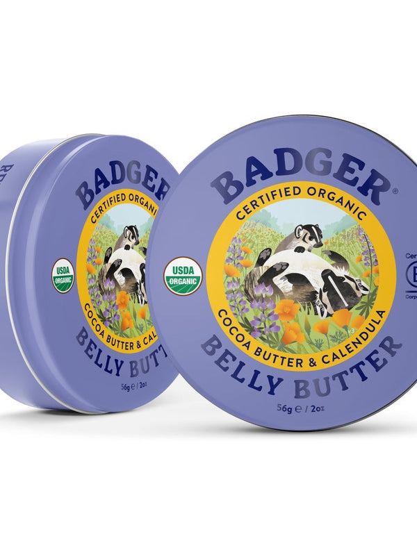 Two Badger Belly Butter tins shown upright and open against a white background.