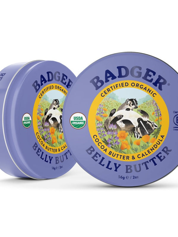 Two Badger Belly Butter tins shown upright and open against a white background.