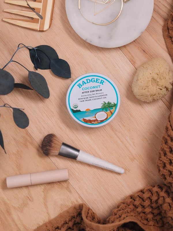 Badger Coconut After Sun Balm in a summer flat lay