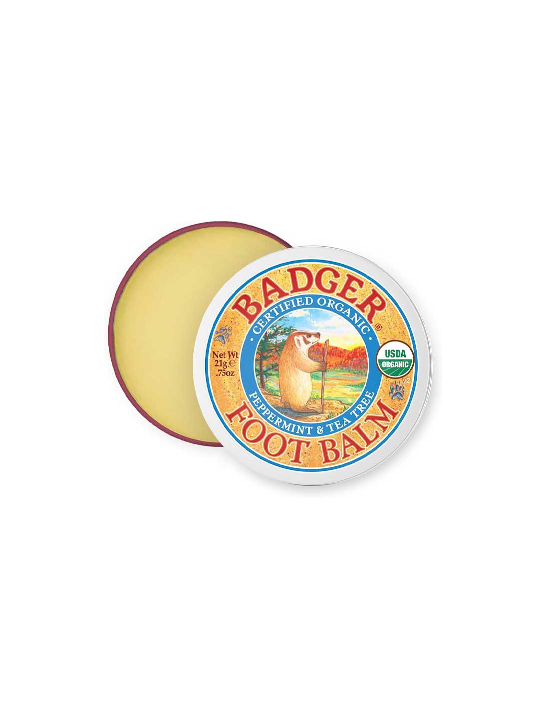 A round tin of Badger Foot Balm 56g, certified organic with peppermint and tea tree scent, partially open to show the balm. The lid displays a badger illustration and the USDA Organic label.