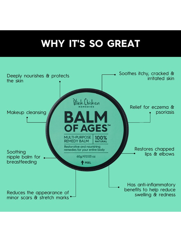 Calming moisturiser soothes sunburned skin: Provides comfort, hydration – Black Chicken Remedies Balm of Ages Multi-Purpose Remedy Balm 60g