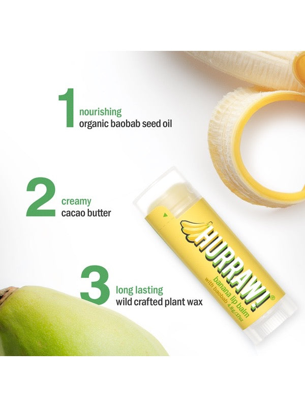 Ingredients and product information for Hurraw! Organic Lip Balm - Banana with Baobab 4.8g