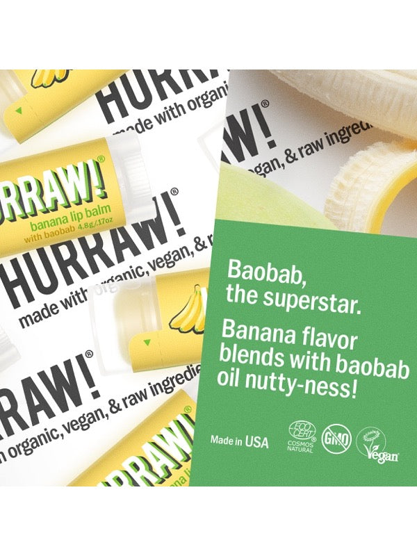 Product and flavour details for Hurraw! Organic Lip Balm - Banana with Baobab 4.8g
