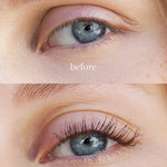 Before and after close-up of an eye showing lashes curled with the Ere Perez Spectacular Eyelash Curler