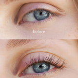 Before and after close-up of an eye showing lashes curled with the Ere Perez Spectacular Eyelash Curler