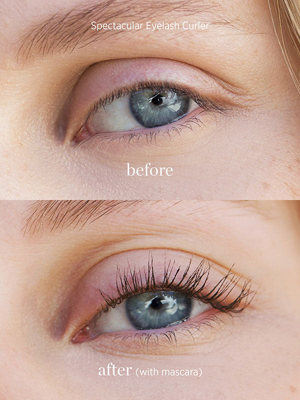Before and after close-up of an eye showing lashes curled with the Ere Perez Spectacular Eyelash Curler