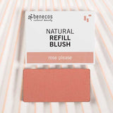 A Benecos Beauty ID Palette Blush Refill in a rectangular, talc-free pan labeled "rose please" is displayed on a light background with soft radiating lines, highlighting the option for organic blush refills.