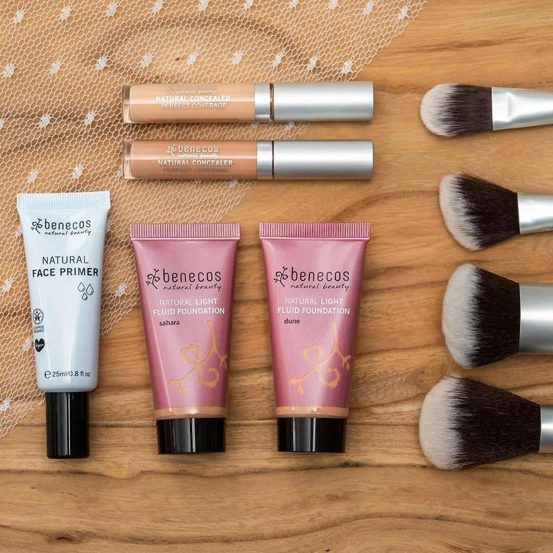 Benecos concealers with complexion products and brushes