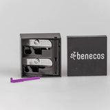 Open Benecos Dual Pencil Sharpener showing both sharpening chambers beside the branded lid.