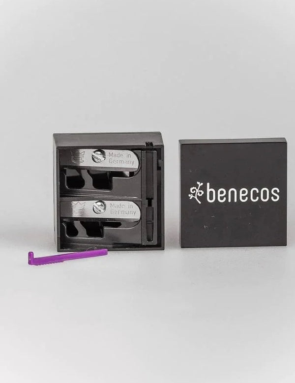 Open Benecos Dual Pencil Sharpener showing both sharpening chambers beside the branded lid.