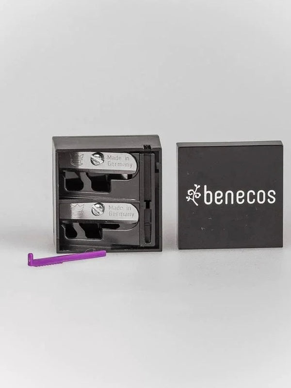 Open Benecos Dual Pencil Sharpener showing both sharpening chambers beside the branded lid.