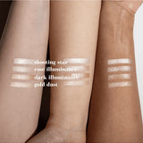 Forearm swatches of Benecos Beauty ID Palette Highlighter Refills with shade names, including Dark Illuminance.
