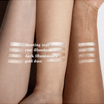 Forearm swatches of Benecos Beauty ID Palette Highlighter Refills with shade names, including Rosé Illuminance.