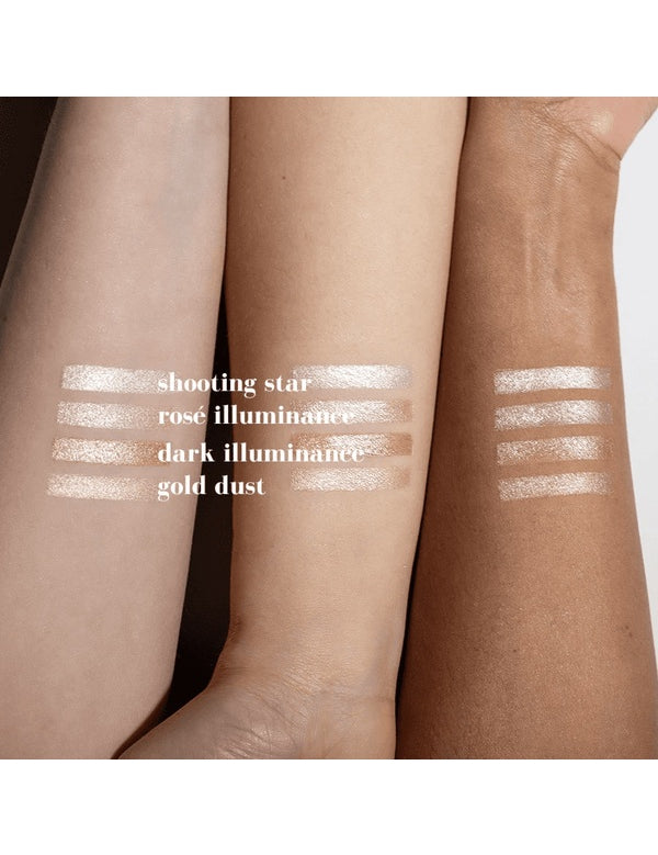 Forearm swatches of Benecos Beauty ID Palette Highlighter Refills with shade names, including Gold Dust.