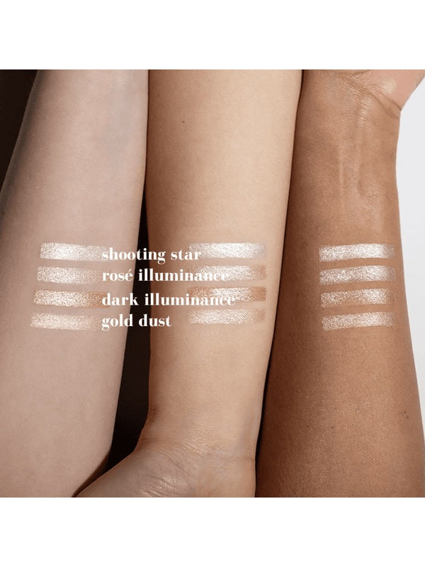 Forearm swatches of Benecos Beauty ID Palette Highlighter Refills with shade names, including Gold Dust.