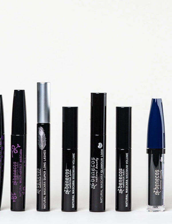 Line-up of Benecos mascaras and eye products for the Multi Effect Mascara in Just Black.