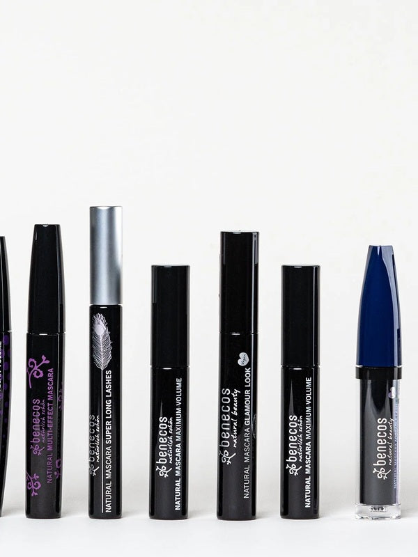 Line-up of Benecos mascaras and eye products for the Multi Effect Mascara in Just Black.