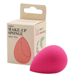 Bright pink Benecos Makeup Sponge displayed beside its recyclable cardboard box.