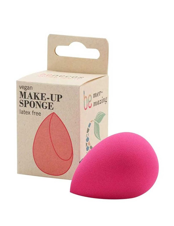 Bright pink Benecos Makeup Sponge displayed beside its recyclable cardboard box.
