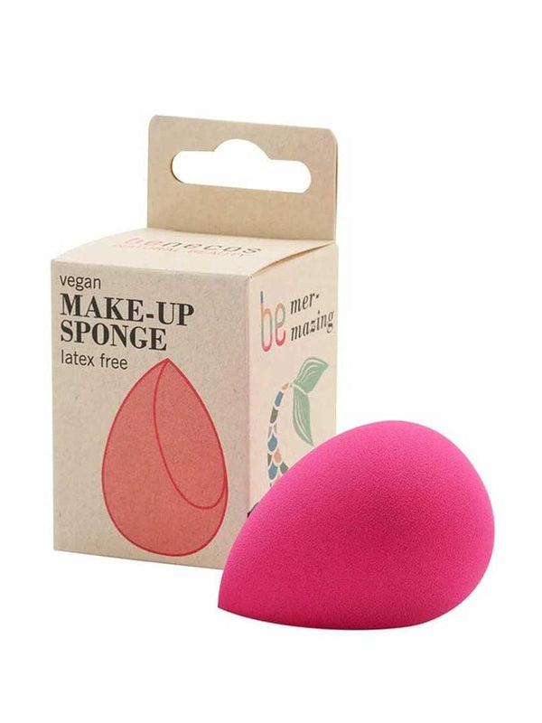 Bright pink Benecos Makeup Sponge displayed beside its recyclable cardboard box.