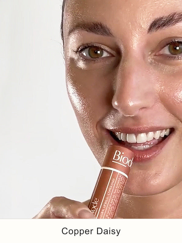 Model wearing Biode Copper Daisy Lip and Cheek Tinted Balm, SKU LBCD10