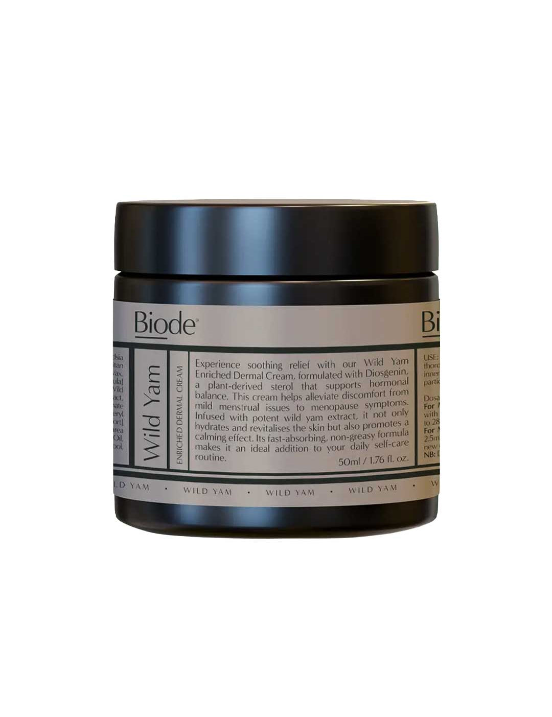 A 50g jar of Biode Wild Yam Cream with a beige label provides natural hormonal support. This plant-based botanical cream comes in a dark jar with a black lid and includes benefits and usage instructions on the packaging.
