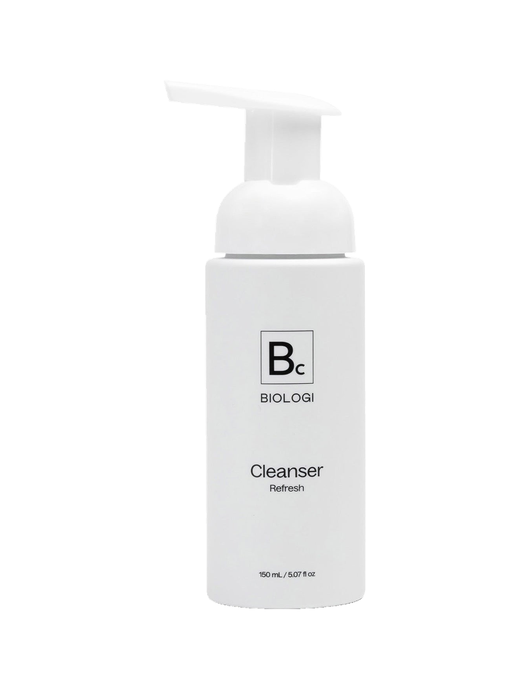Biologi Bc Refresh Cleanser 150ml in a white bottle with an extended foaming pump and black Bc label, shown upright on a plain white background.