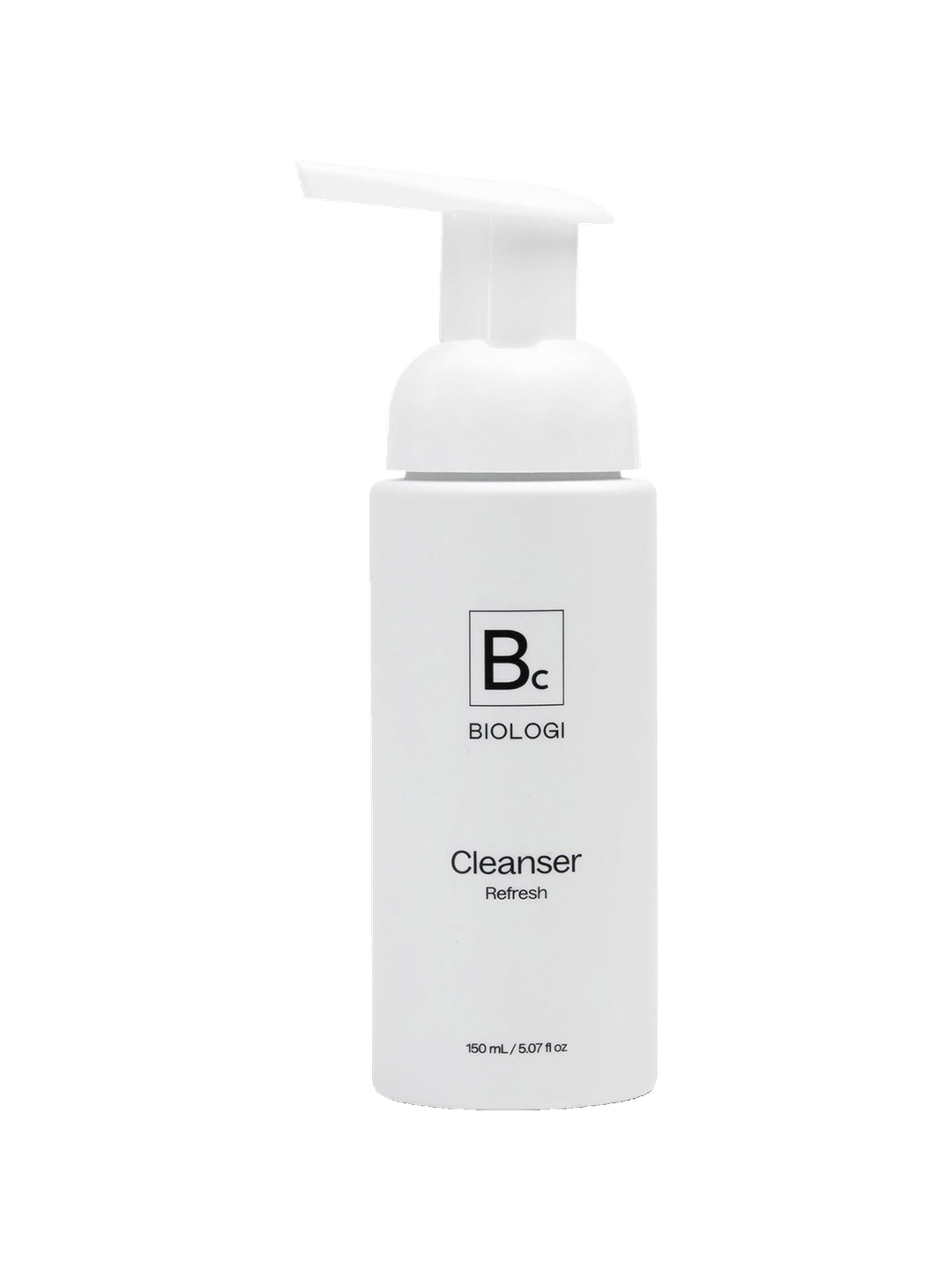 Biologi Bc Refresh Cleanser 150ml in a white bottle with an extended foaming pump and black Bc label, shown upright on a plain white background.