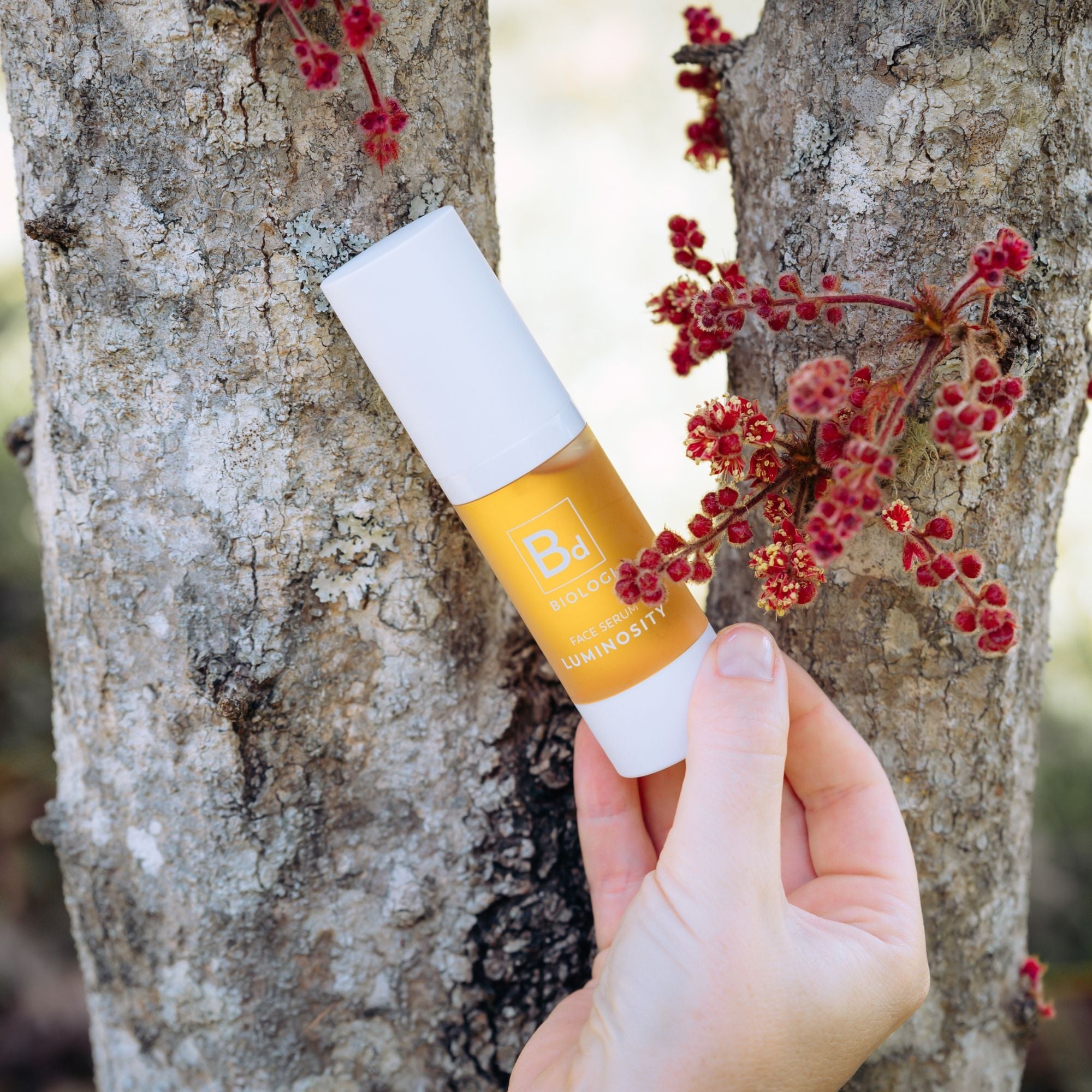 A hand holds a white-capped Biologi Bd Luminosity Face Serum bottle beside a tree trunk and small red botanical clusters outdoors.